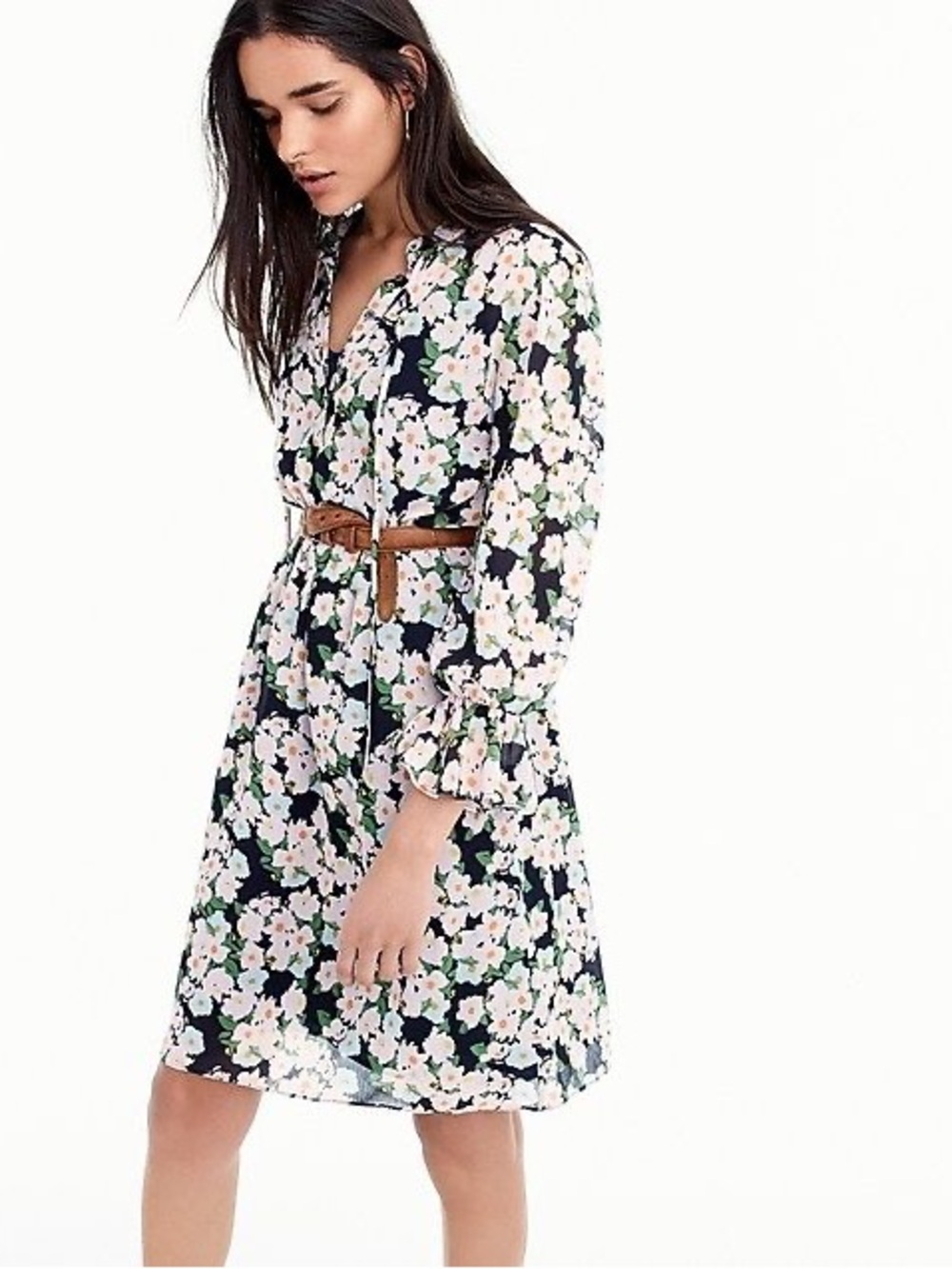 J Crew Navy Floral Long-Sleeve Shirt Dress with Pink and Green Blossoms